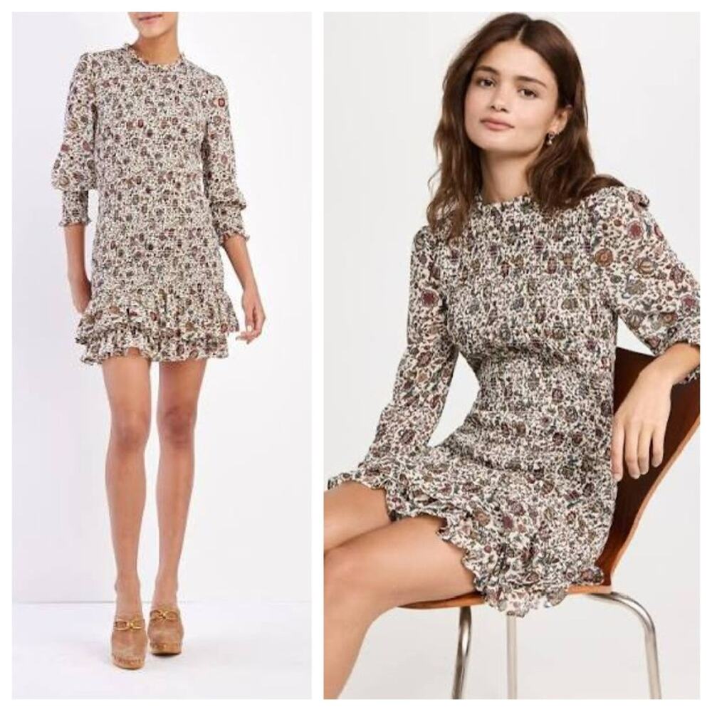 NWT Veronica Beard Farha Dress Smocked Floral Mini Whitestone Multi Boho Size 4